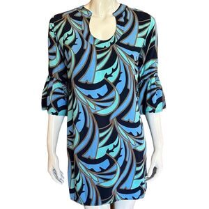 escapada Teal, Light Blue and Navy Abstract Ruffle-Sleeve Shift Dress